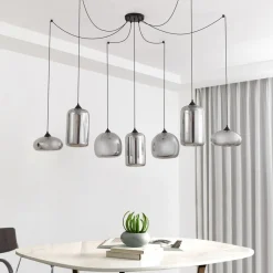 Lindby hængelampe Marla, 7 lyskilder, glas, røgfarvet grå, 128 cm