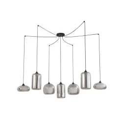 Lindby hængelampe Marla, 7 lyskilder, glas, røgfarvet grå, 128 cm