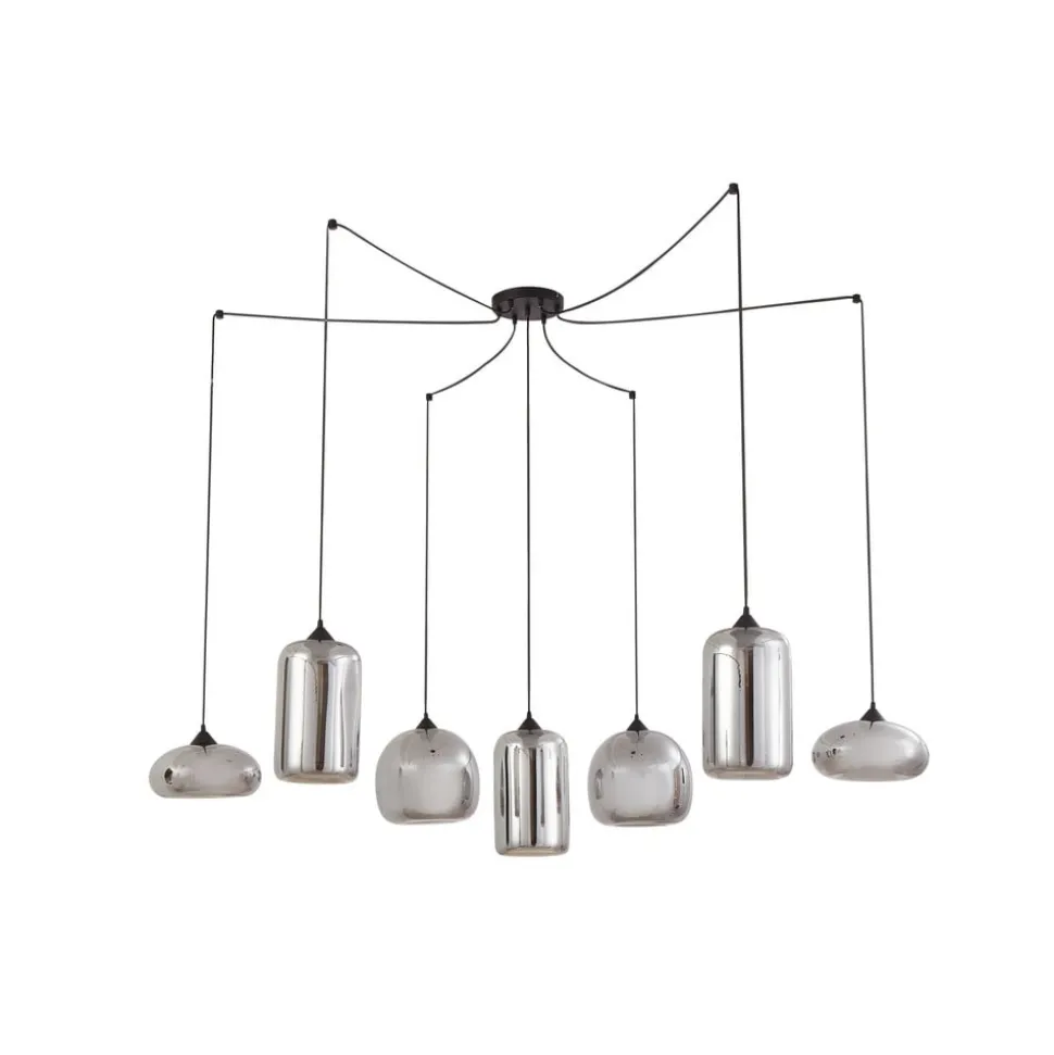 Lindby hængelampe Marla, 7 lyskilder, glas, røgfarvet grå, 128 cm