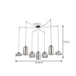 Lindby hængelampe Marla, 7 lyskilder, glas, røgfarvet grå, 128 cm