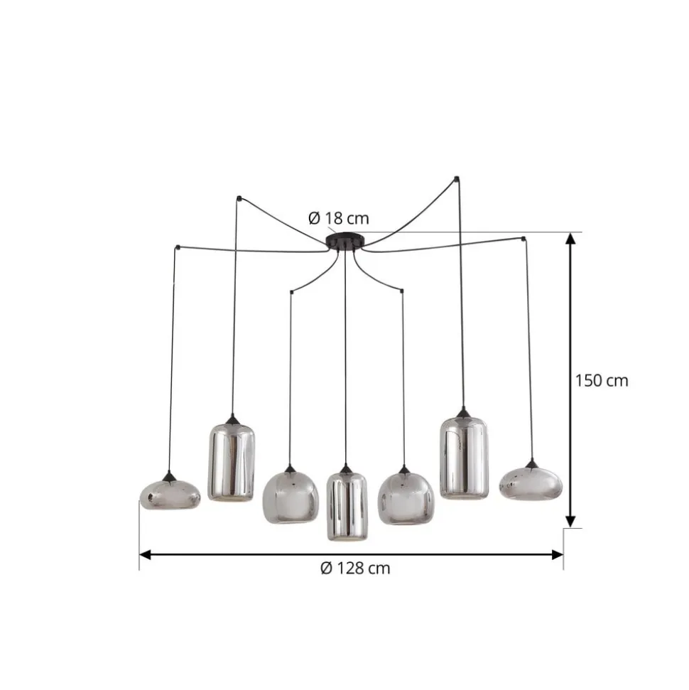 Lindby hængelampe Marla, 7 lyskilder, glas, røgfarvet grå, 128 cm