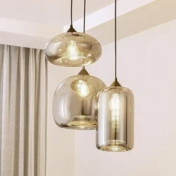 Lindby Hængelampe Marla, Rondell, Glas, røggrå, 50 cm