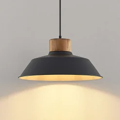 Lindby hængelampe Nefeli, Ø 42 cm, sort, træ, metal