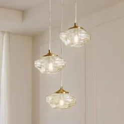 Lindby hængelampe Piatra, Ø25cm, 3 lyskilder, cognac/messing, glas