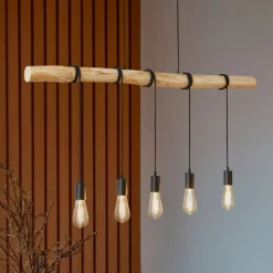 Lindby hængelampe Rom, 5 lyskilder, træ, reb, sort, 116 cm