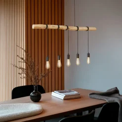 Lindby hængelampe Rom, 5 lyskilder, træ, reb, sort, 116 cm