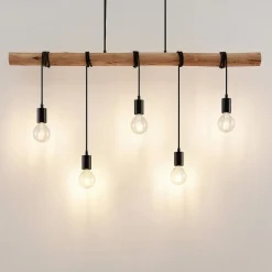 Lindby hængelampe Rom, 5 lyskilder, træ, reb, sort, 116 cm