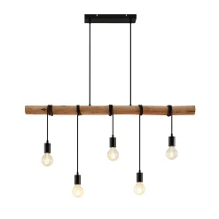 Lindby hængelampe Rom, 5 lyskilder, træ, reb, sort, 116 cm