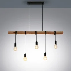 Lindby hængelampe Rom, 5 lyskilder, træ, reb, sort, 116 cm