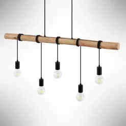 Lindby hængelampe Rom, 5 lyskilder, træ, reb, sort, 116 cm