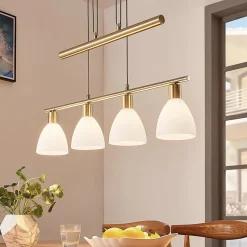 Lindby hængelampe Simeon, messingfarvet, glas, 73 cm, E14