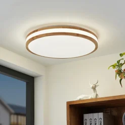 Lindby LED-loftlampe Emiva, 50 cm, CCT, fjernbetjening, træ