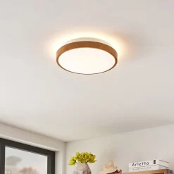 Lindby LED-loftlampe Mendosa, rund, lyst træ, Ø 29cm