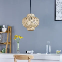 Lindby Venora hængelampe, Ø 40 cm, pæreformet, bambus, E27