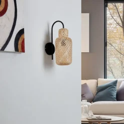Lindby Venora væglampe, højde 43 cm, sort, træ, bambus