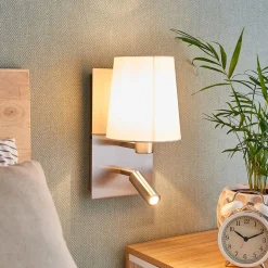 Lindby væglampe Aiden, hvid, nikkel, LED-læselampe