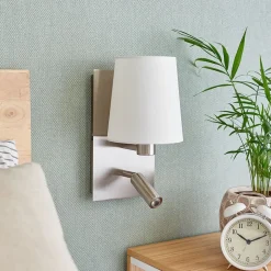 Lindby væglampe Aiden, hvid, nikkel, LED-læselampe