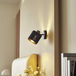 Lindby væglampe Vasilia, Ø 12 cm, sort/guld, stof