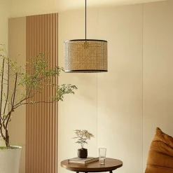 Lindby-pendel Yaelle, Ø 40 cm, rattan, sort, E27