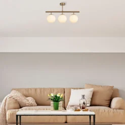 Loftlampe Atmaca, 3 lyskilder, antik guld, glas, 60 cm