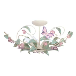 Loftlampe BUTTERFLY, creme/grøn/rosa, stål, 5 lyskilder