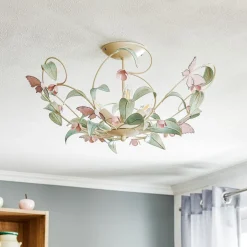 Loftlampe BUTTERFLY, creme/grøn/rosa, stål, 3 lyskilder