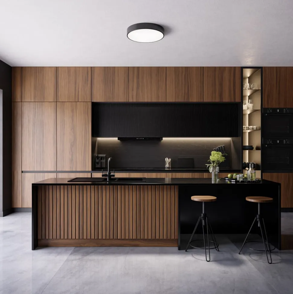 Loftlampe Cleo 500, sort, sensor, IP54, Ø 50 cm, metal