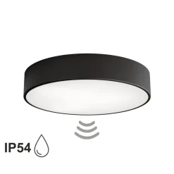 Loftlampe Cleo 400, sort, sensor, IP54, Ø 40 cm, metal