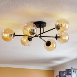 Loftlampe Glassy, sort, ravfarvet, glas, 6 lyskilder, E14