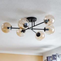 Loftlampe Glassy, sort, ravfarvet, glas, 6 lyskilder, E14