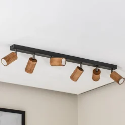 Loftlampe Nise, 6 lyskilder, aflang, sort stål, træ