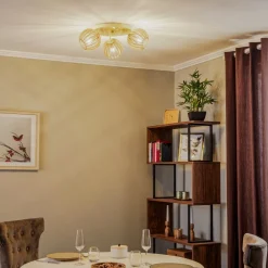 Loftlampe Paz hvid med trælameller-kugler 3 lyskilder.