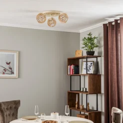 Loftlampe Paz hvid med trælameller-kugler 3 lyskilder.