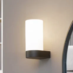 Lucande Basolo væglampe til badeværelset, sort, højde 17,2 cm, glas