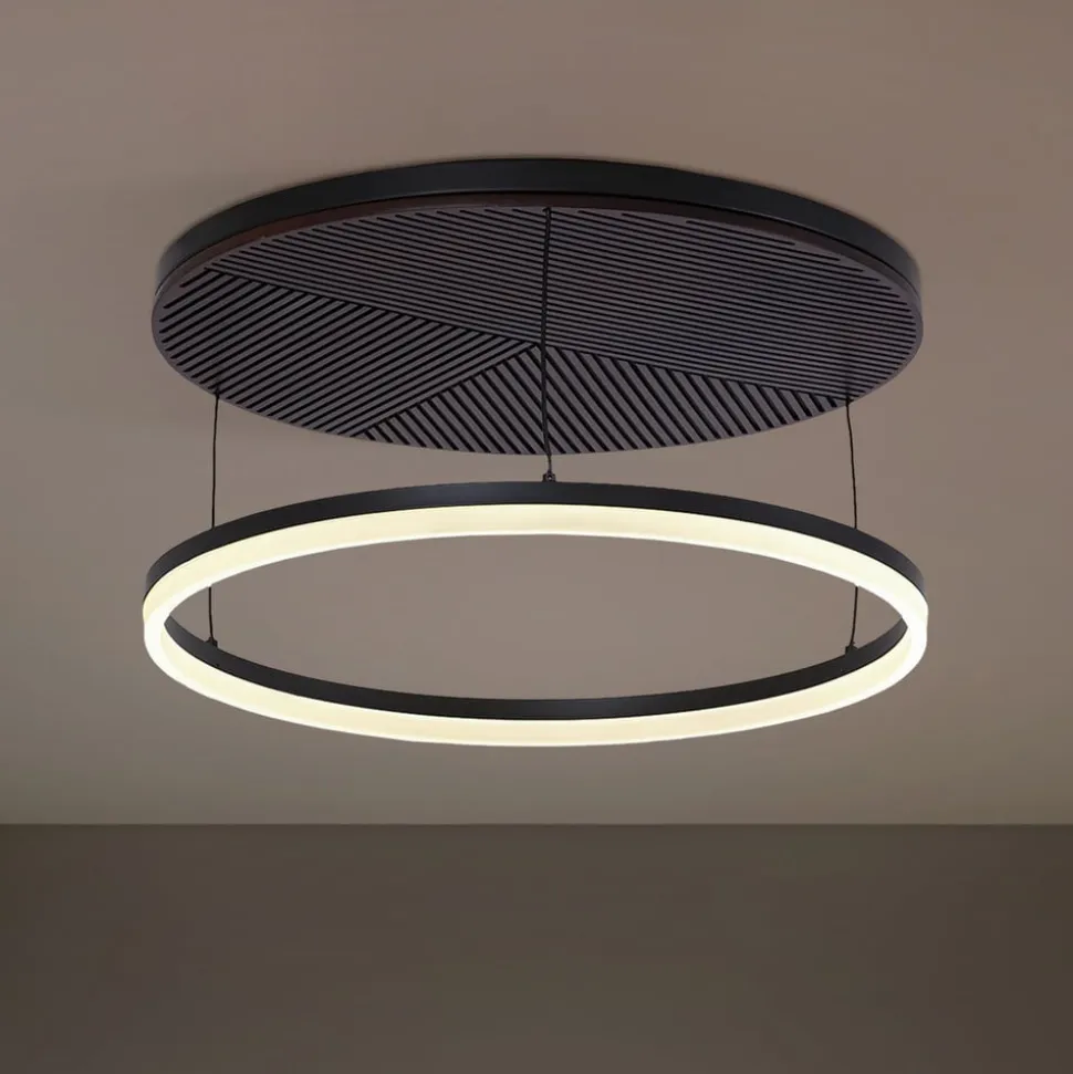 Lucande LED-loftlampe Orven, sort/træ, Ø50 cm, dæmpbar