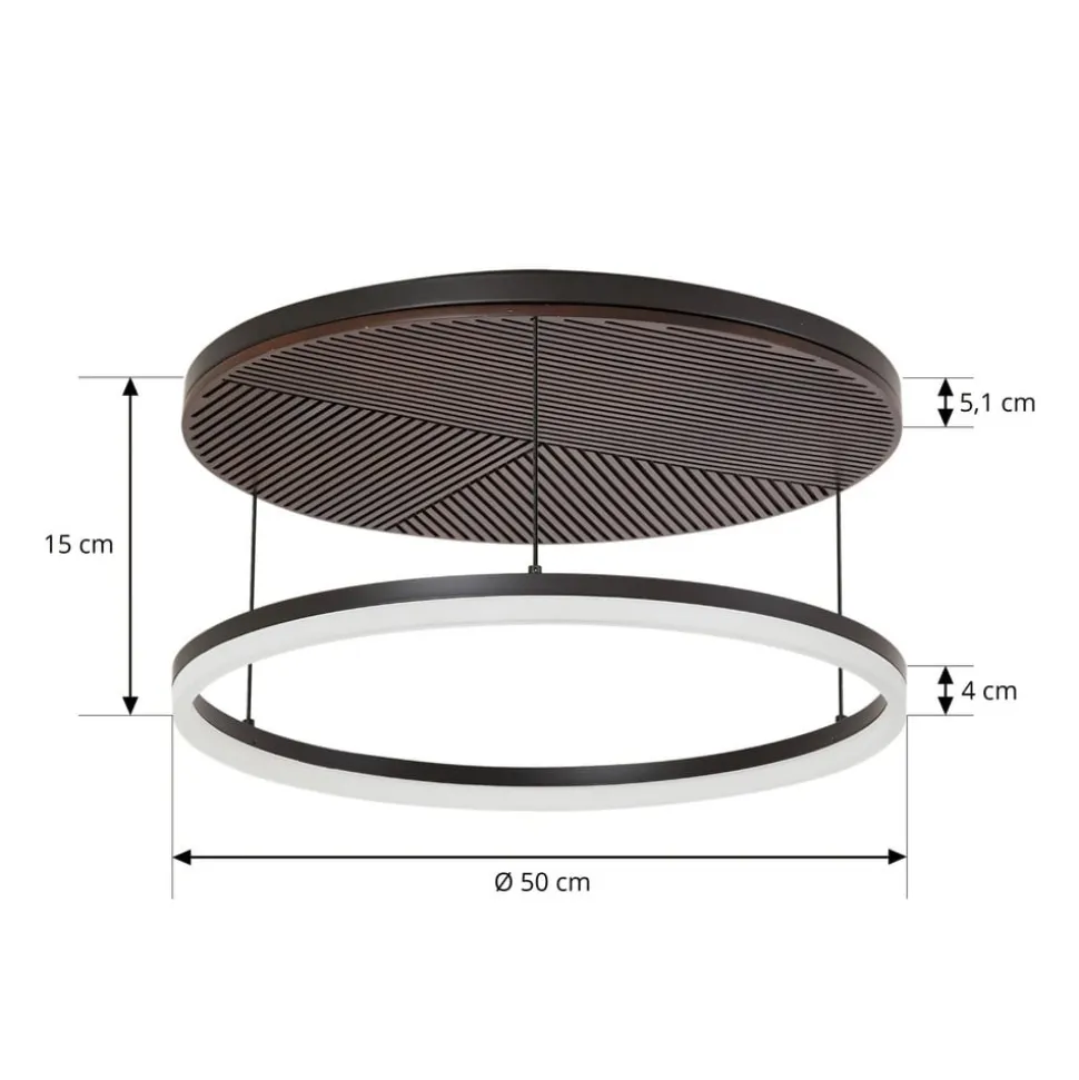 Lucande LED-loftlampe Orven, sort/træ, Ø50 cm, dæmpbar