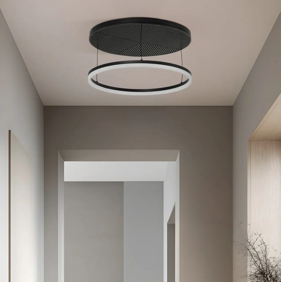 Lucande LED-loftlampe Orven, sort/træ, Ø50 cm, dæmpbar