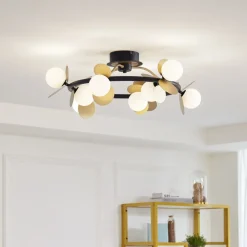 Lucande LED-loftslampe Pallo, 9-lys, sort/guld, glas