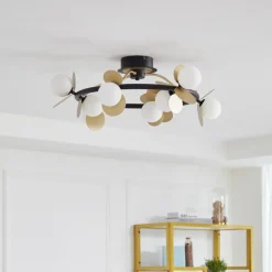 Lucande LED-loftslampe Pallo, 9-lys, sort/guld, glas