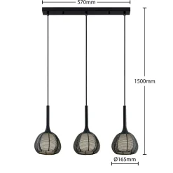 Lucande Tetira hængelampe, 3 lyskilder, lang, sort
