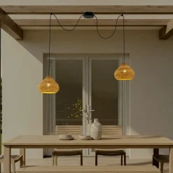 Lucande udendørs hængelampe Taniola, 2 lyskilder, beige, rattan, IP44