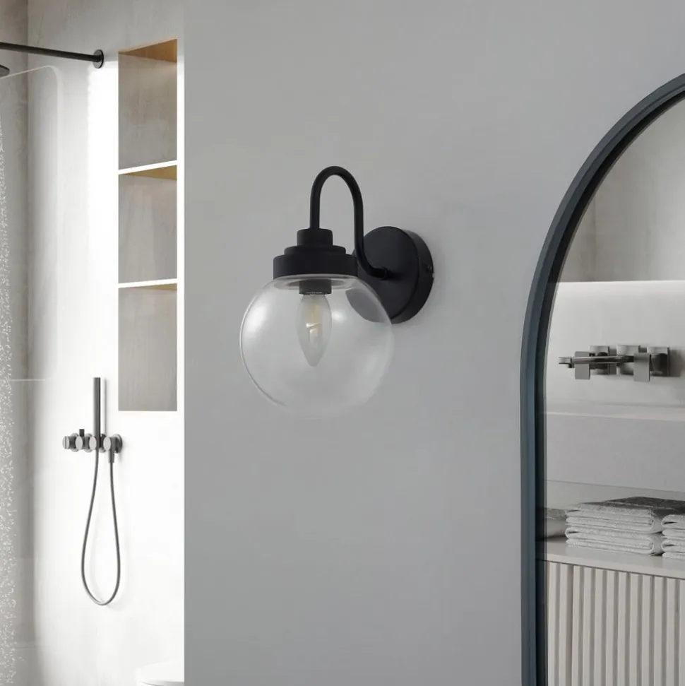 Lucande væglampe Badolo, sort, glas, 25 cm høj, IP44