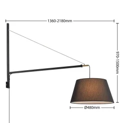 Lucande væglampe Beleza, højde 150 cm, kan trækkes ud, tekstil