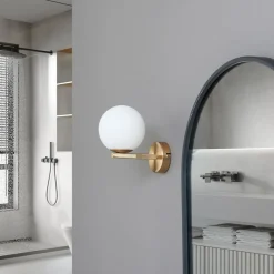 Lucande-væglampe Bidolo, messingfarvet, glas, 12 cm, IP44