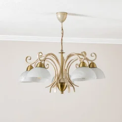 Lysekrone Flora, fem glasskærme, hvid/messing