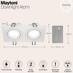 Maytoni indbygningslampe Atom, hvid, 2 lyskilder, 17,5 x 9,2 cm