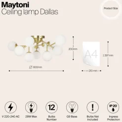 Maytoni loftlampe Dallas, 12 lyskilder, guldfarvet/hvid
