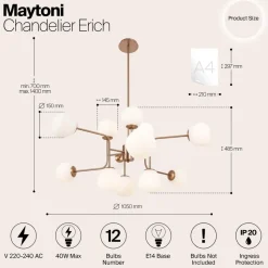 Maytoni lysekrone Erich, messing roséglas/metal 12 lyskilder.