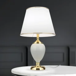 Ovum bordlampe, hvid/guldfarvet, højde 48 cm, keramik/chintz