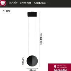 Paulmann URail-pendel Alejandro sort 4.000 K 3-trins dæmpbar